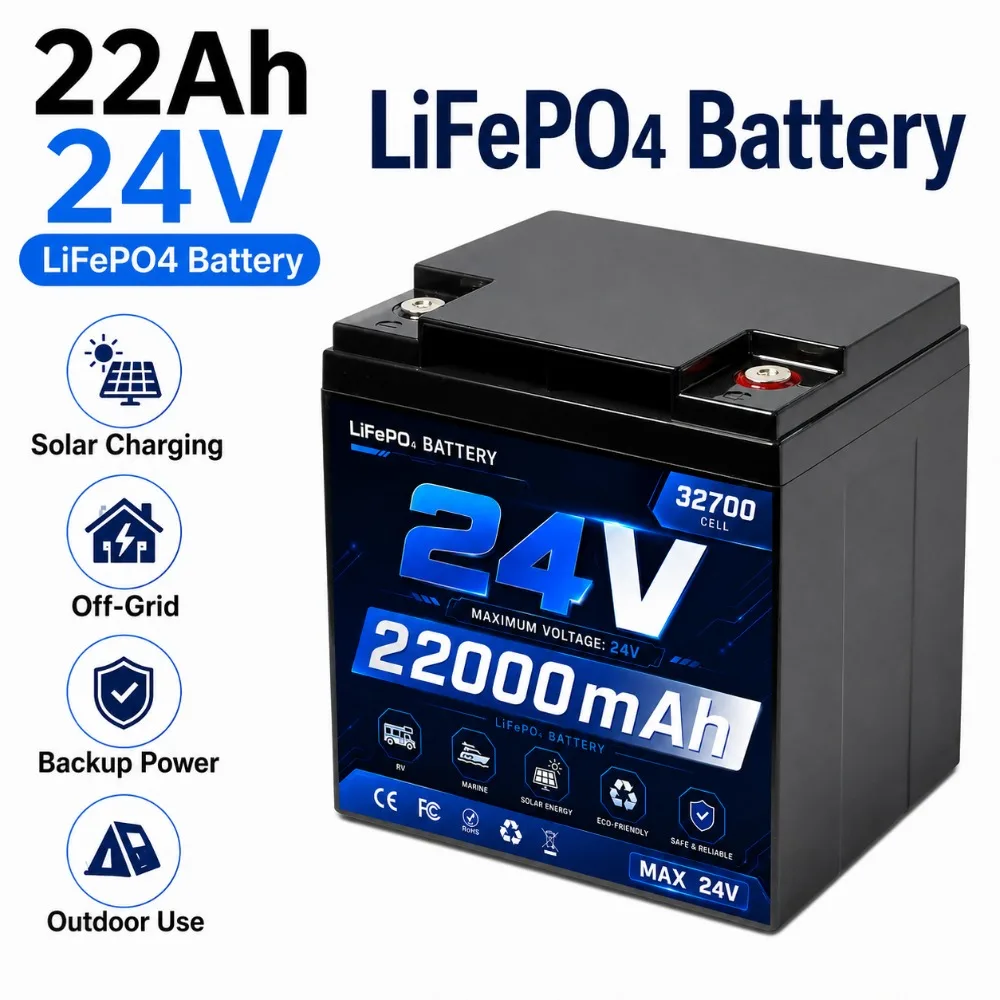 22Ah 24V LiFePO4 Lithium Iron Phosphate Battery 32700 New Cell Real Capacity Solar Power Pack For Fish Finder RV Power Supply