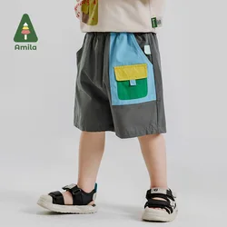 Amila Baby Bottom Summer 2024 New Color Contrast Patchwork Overalls Loose Version Sports Unbound Children's Clothing 0-6Y