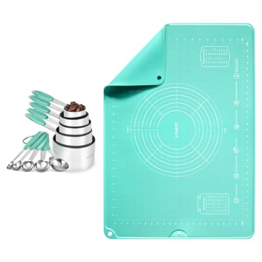 

UTaste 18, 8 мерных стаканов и ложок из нержавеющей стали, набор из 10 аква-небо и большой силиконовый коврик для кондитерских изделий 20 x 28 дюймов FoodGrade NonS