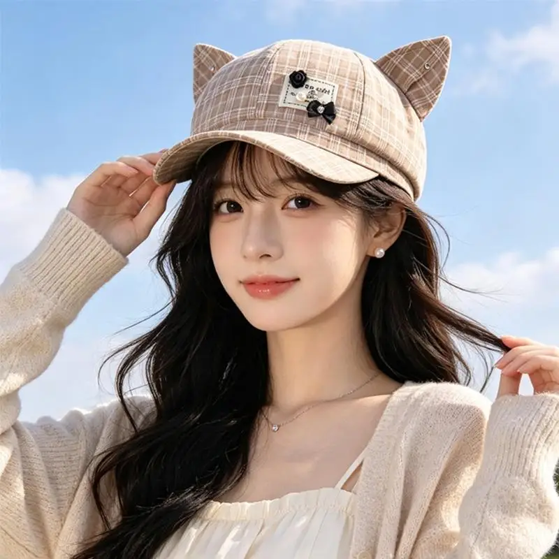 A52E Whimsical Check Pattern Cap with Upright Ears for Casual Styling