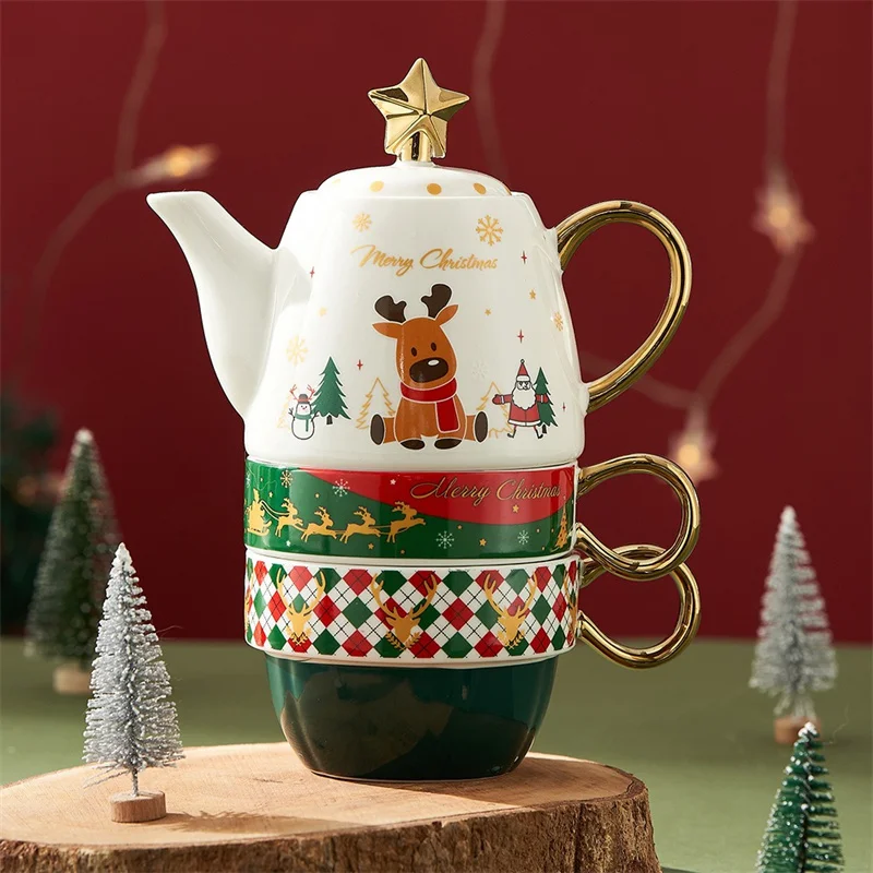 

Christmas Gift Teapot Set, Santa & Elk Ceramic Teacups with Gift Box, Cartoon Themed Teaware for Home Party Decor & Xmas Coffee