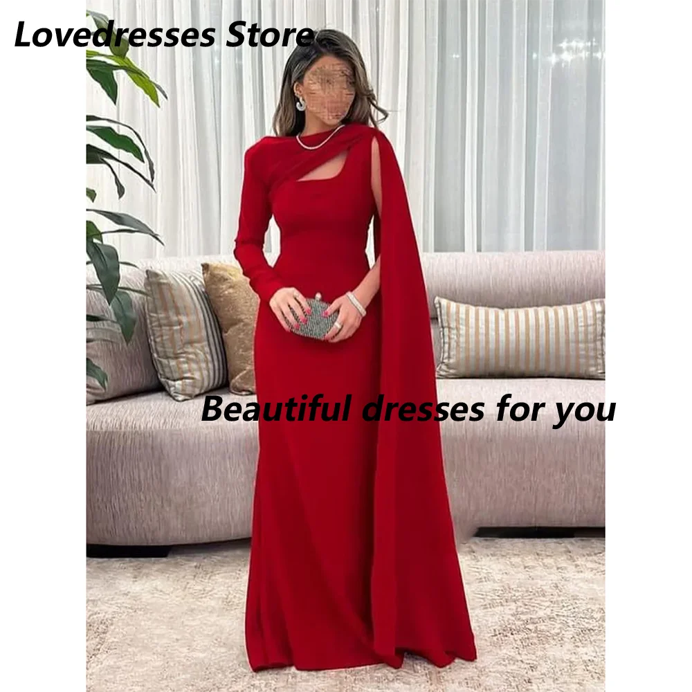 Customized Red Mermaid Evening Dresses Jersey O-Neck Long Sleeves Party Dress Casual Simple Saudi Arabia Prom Dress 2025