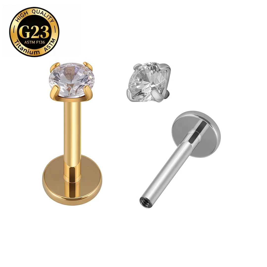 PIERCING ASTM F136 Titanium CZ Gem Internally Threaded Labret Monroe Lip Ring Tragus Nail Helix Earring Stud 16G 6/8/10mm Bar