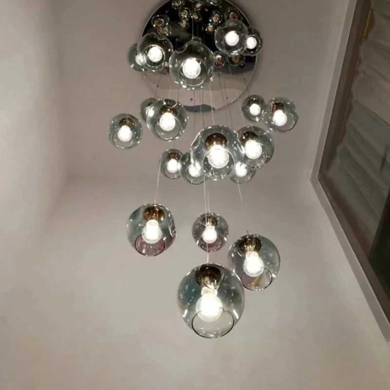 Nordic LED Ceiling Long Chandelier Gradient Blue Glass Ball Chandelier Modern Villa Spiral Staircase Chandelier Free of Shipping