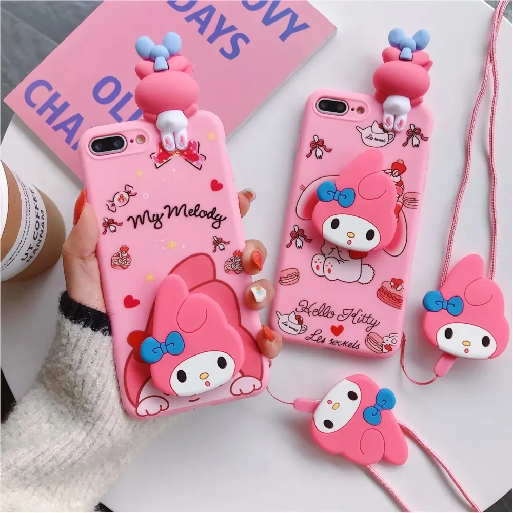 آيفون 16 15 14 13 12 mini 11 Pro X XS Max XR 6 6S 7 8 Plus SE2 ثلاثية الأبعاد ميلودي مرحبا كيتي حامل هاتف غطاء الحبل