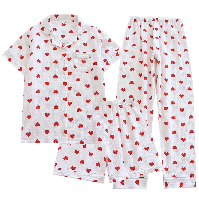 100% Cotton Pajamas Women 3Pcs Set Lounge Sleepwear Suit Spring Summer Floral Print Home Clothes Short Sleeve Sleeping Pijama