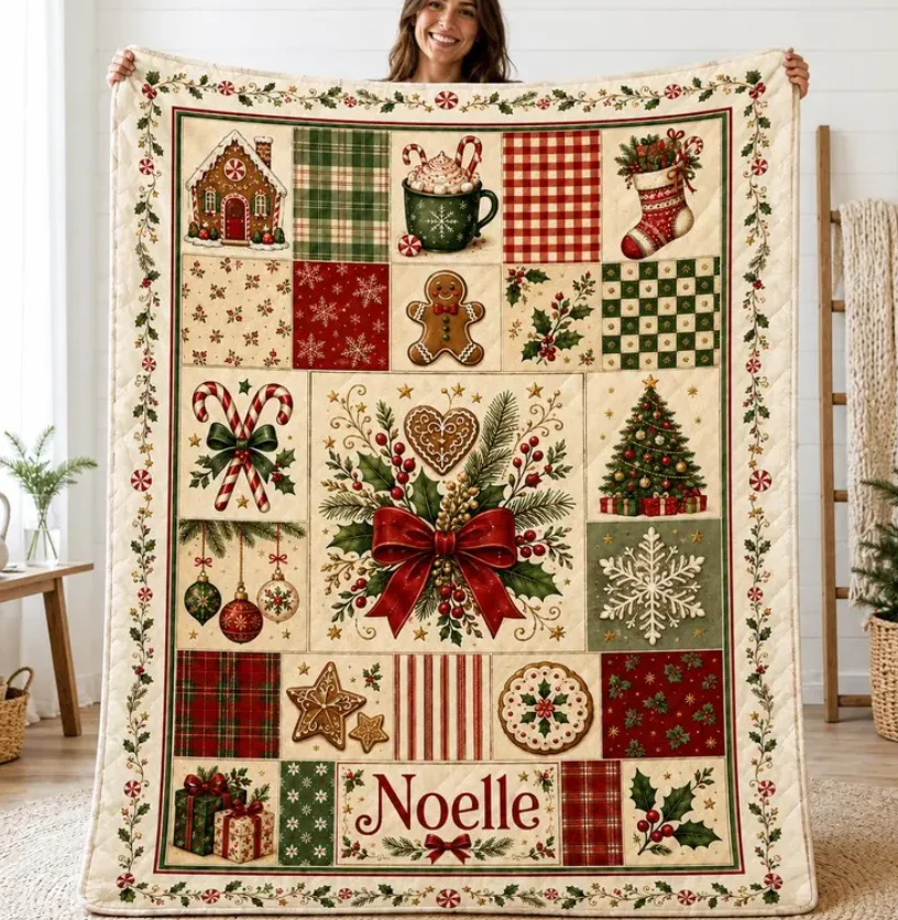 Gingerbread Christmas Quilt Blanket, Vintage Holiday Patchwork Throw, Festive Farmhouse Bedding, Gift Blanket