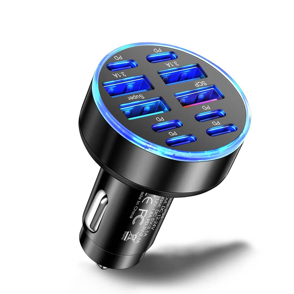 10 Ports Charger USB C Charger Daily Commute Charging 10 Ports Car Charger Multi-device Charging Intelligent Charging Design