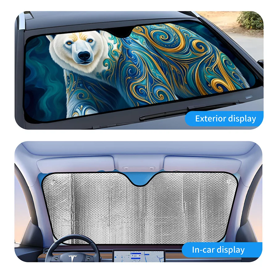 Multi-Functional Foldable Car Window Sunshade With 3 Sizes, Polar Bear Blue And Golden Swirl Design, UV Protection For Front Win