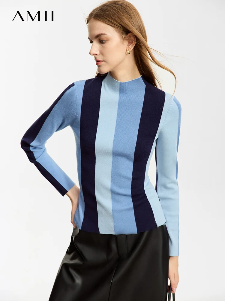 AMII Minimalist Striped Sweater for Women 2023 Winter New Slim-fit Bottom Pullovers Commuter All-match Mock Neck Tops 12324029