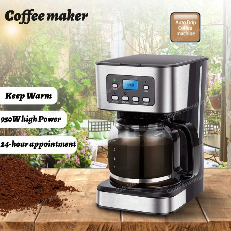 

1.5L Drip Coffee Maker 950W Automatic Coffee Machine Keep Warm Timer Programmable 24H Cleaning Cycle Reminder Automatic Pause