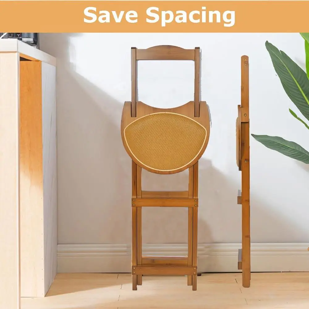 Portable Folding Bar Stool Bamboo Kitchen Counter Height Stool with Backrest Stable Design Space Saving Indoor Outdoor Use