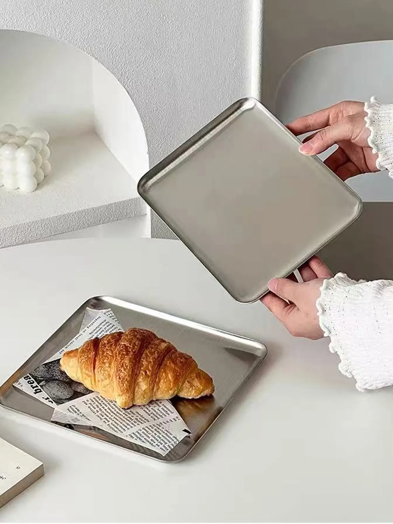 Korean-Style 304 Stainless Steel Rectangular Cafe Tray with Straight Edges, Silver Barbecue Plate, Flat Plate, Dessert Cake Plate, 1 Piece view 3