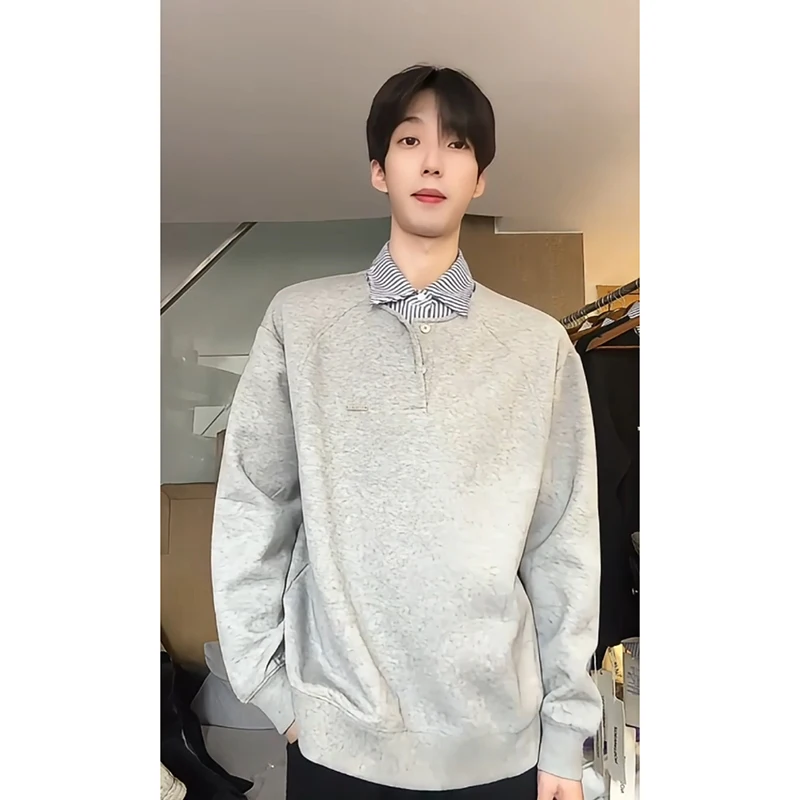 

Light Grey Shirt Collar Long Sleeve Hoodie Men's Spring Autumn Casual Style Fake Two-Piece Trendy Streetwear Polyester Fiber