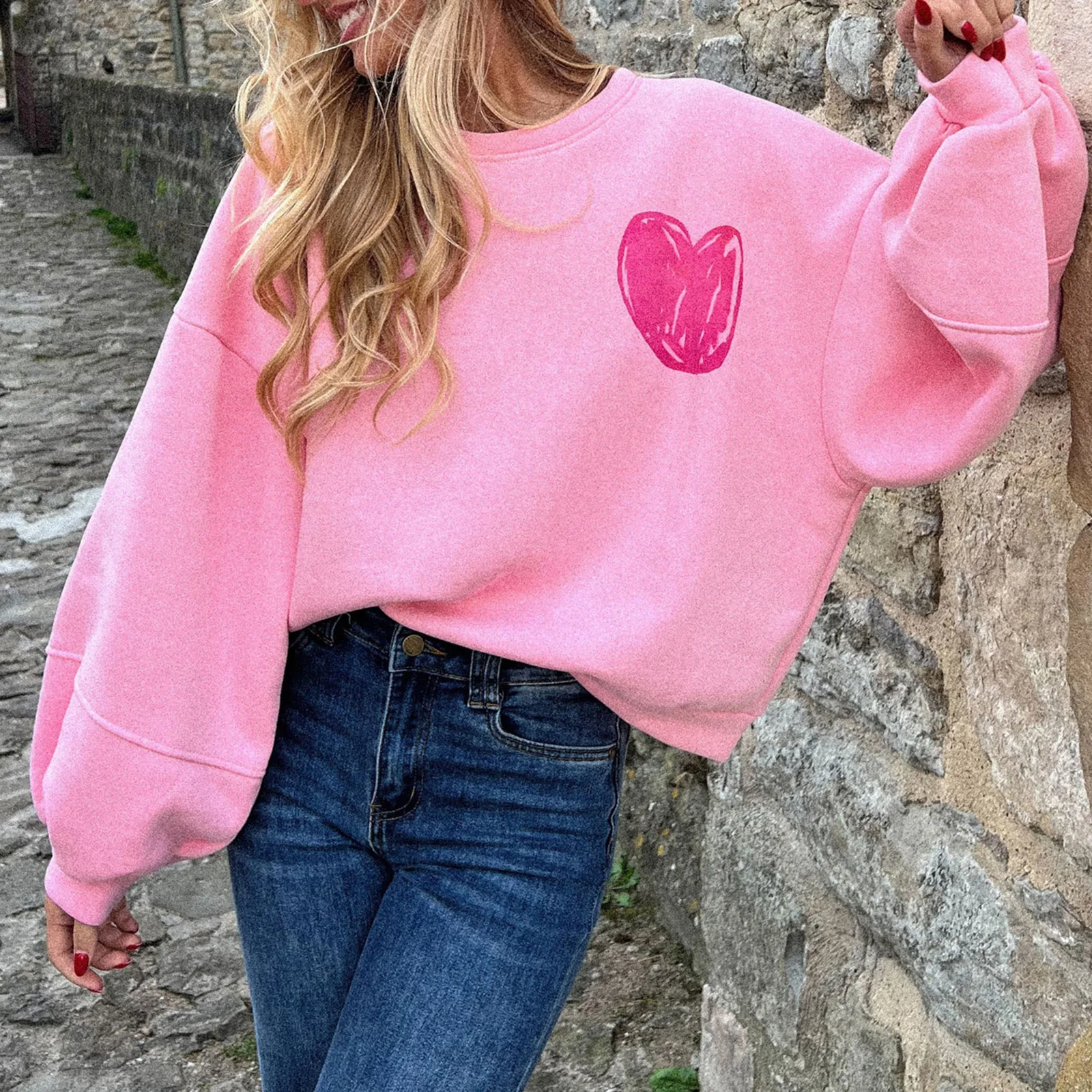 Women's Casual Sweatshirt Loose Heart Letter Back Crew Neck Long Sleeve Pullover Tops Fall Streetwear