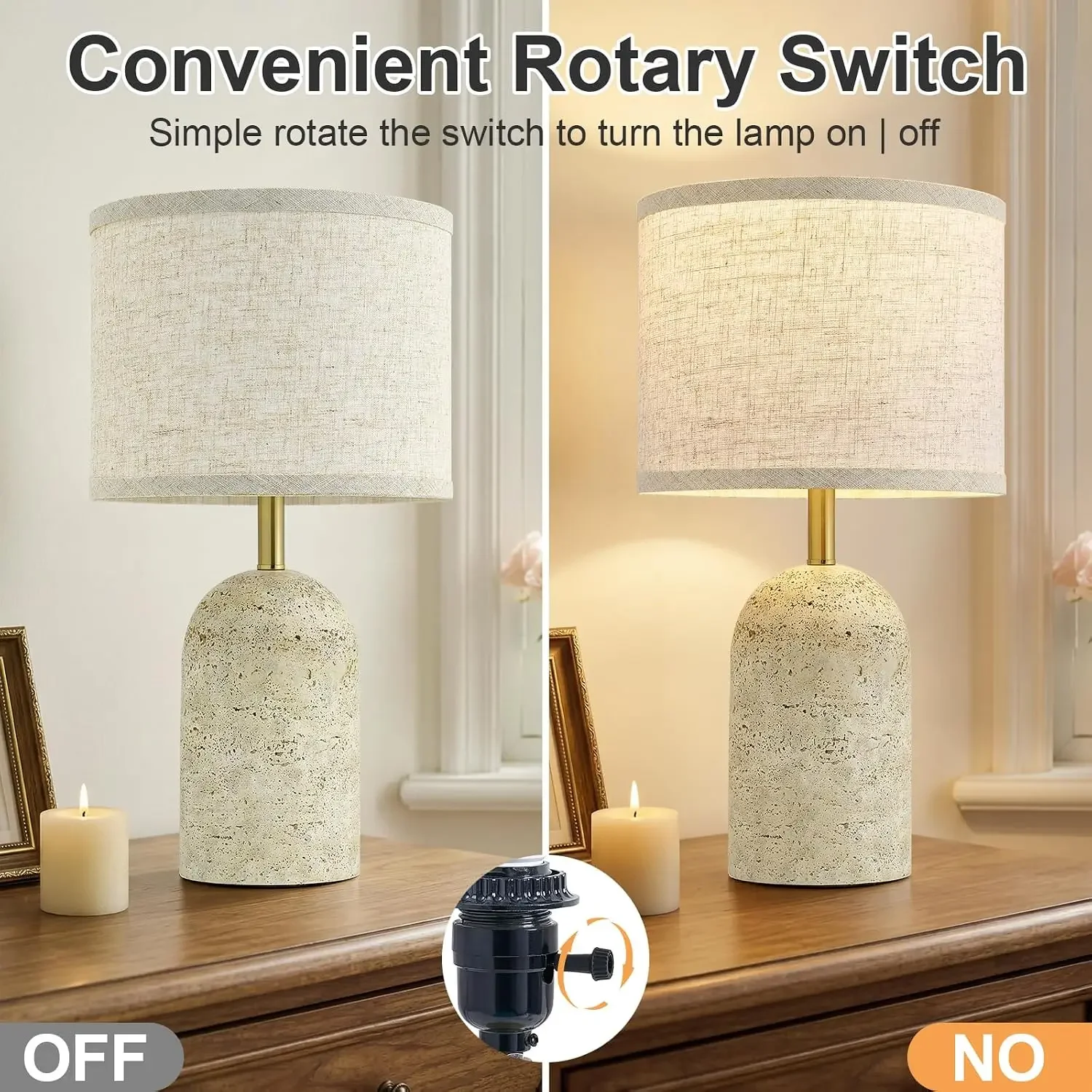 2-Piece Stone-Look Resin Table Lamps, 18" Bedside Lamps for Living Room, Bedroom, Nightstand, Home Office, Warm Lighting with Linen Shades view 5