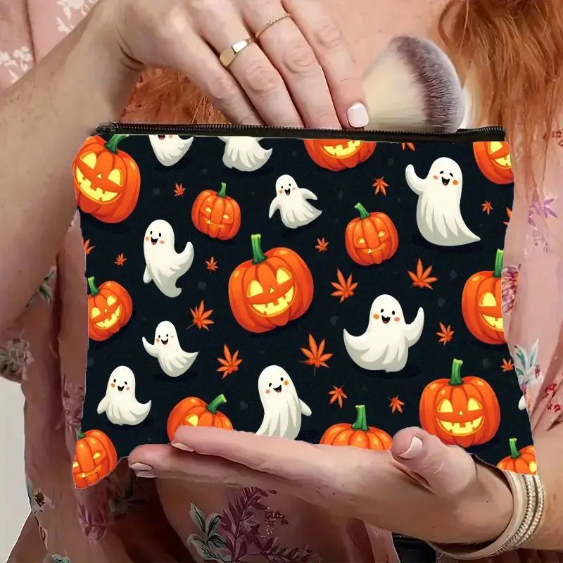 Cute Halloween Ghost Pumpkin Cosmetic Bag Black Background Cartoon Print Zipper Makeup Pouch Large Capacity Toiletry Storage Bag