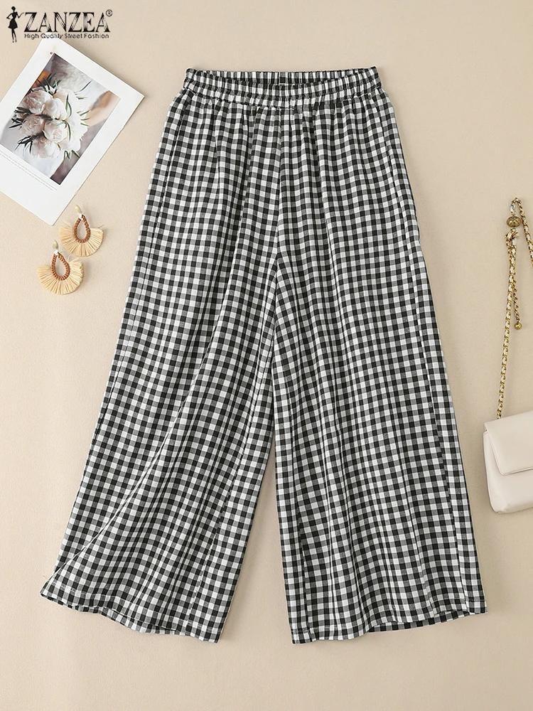 กางเกงวินเทจผู้หญิง 2025 ZANZEA กางเกงลายสก็อตฤดูใบไม้ร่วง ทรงหลวม ขากว้าง สไตล์ลำลอง เอวยางยืด ทรงปาลาซโซ่ เหมาะสำหรับทำงาน