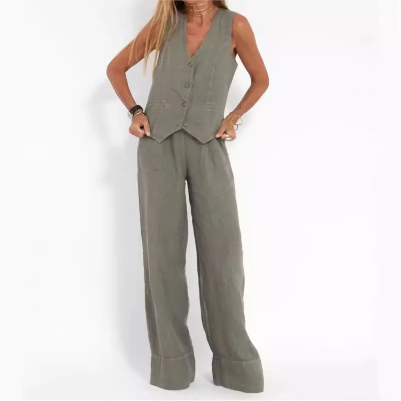 New Fashionable High-waisted Wide-leg Trousers Suit For Women, Casual Commuting Temperament Vest And Vest 2-piece Set