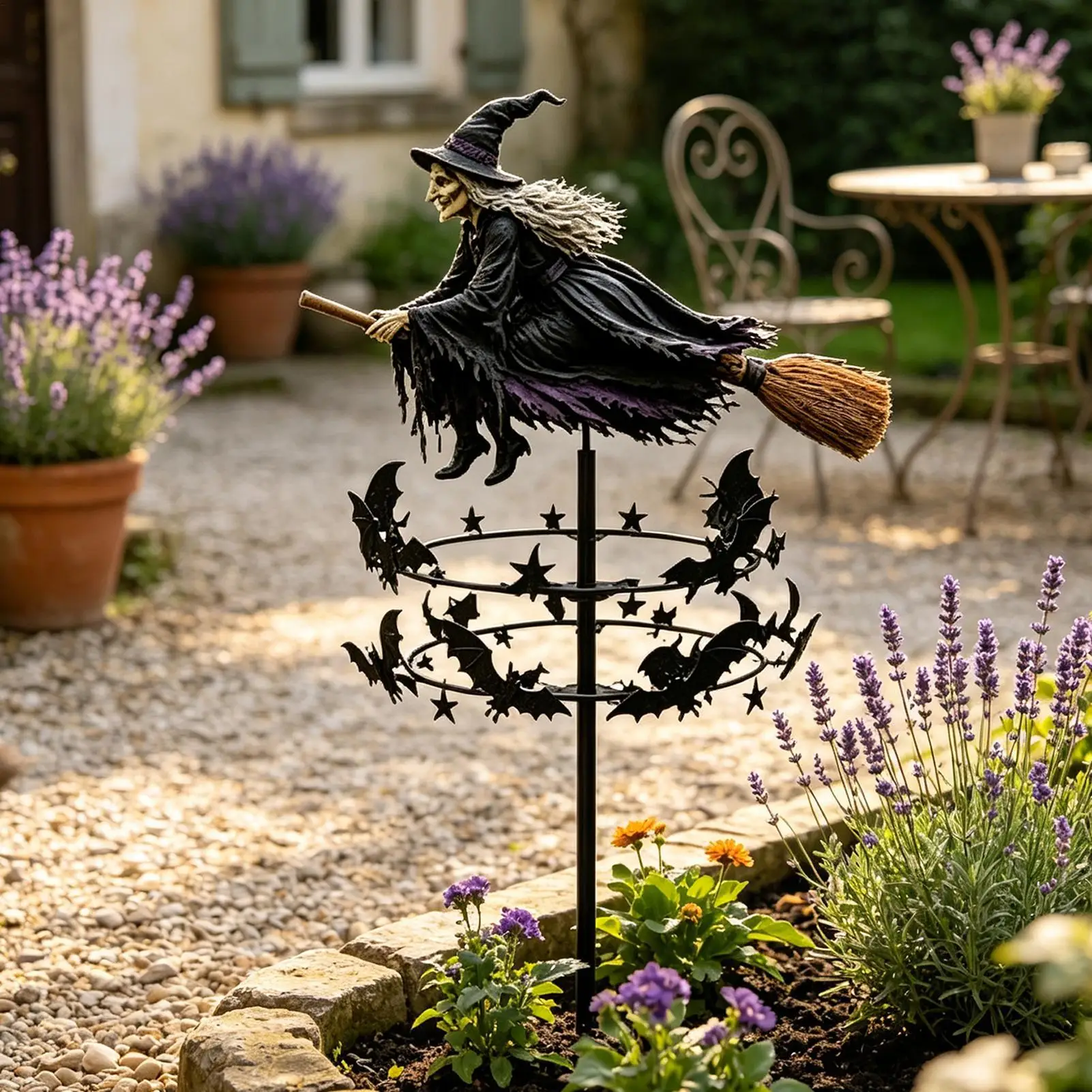 2D Witch Garden Wind Spinner Rotating Pinwheels Halloween Decoration Witch Garden Windmill With Stake For Courtyard Backyard
