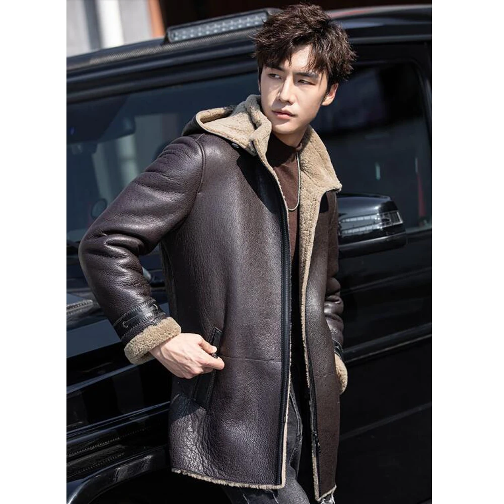 Denny&Dora Mens Brown Shearling  Jacket Mid-Length Sheepskin Coat Hooded Leather Jacket