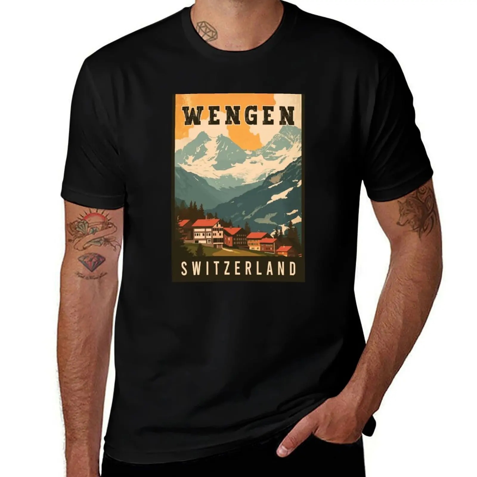 

Discover Mountain Village Wengen in Switzerland - Travel Art T-Shirt cute clothes boys animal print t shirts men
