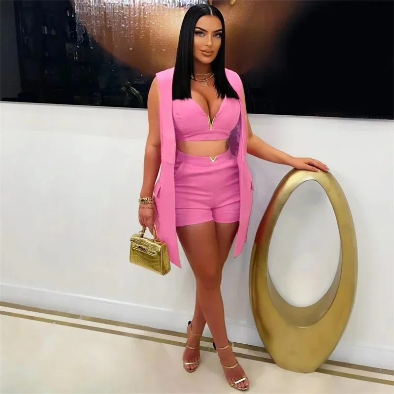 

Trendy Elegant 3 Pieces Set Outfits Woman Spring Summer Sleeveless Blazer Jacket Top and Bra and Shorts Matching Sets Clubwear
