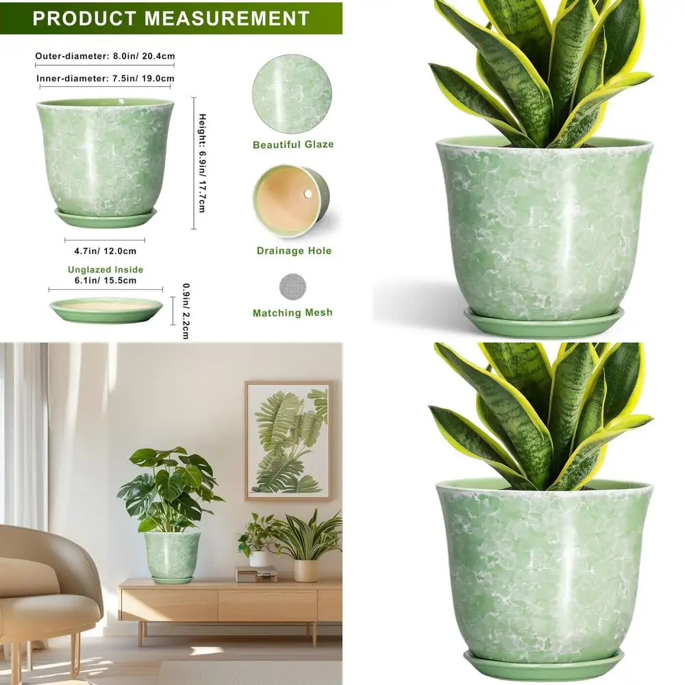 

8 Inch Round Plant Pot with Drainage Hole and Saucer, Suitable for Indoor and Outdoor Use, Ideal for Home Office Desk Decor, Per