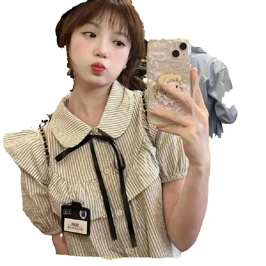 College Style Striped Short-Sleeved Shirt Women Summer New Sweet Versatile Short Shirt Niche Design Top