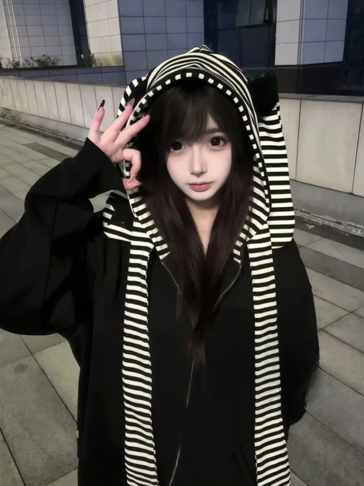 Felpe con cappuccio Harajuku da donna con patchwork a righe Kawaii Grunge Streetwear Felpa con cappuccio allentata casual Y2k Felpa con cerniera estetica Grunge