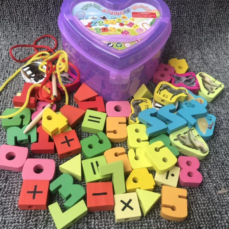 New 50pcs/Lot Baby Wooden Lacing Beads Animals Blocks Heart-shape Stringing Threading Lace Beads Box Educational Preschool Toy