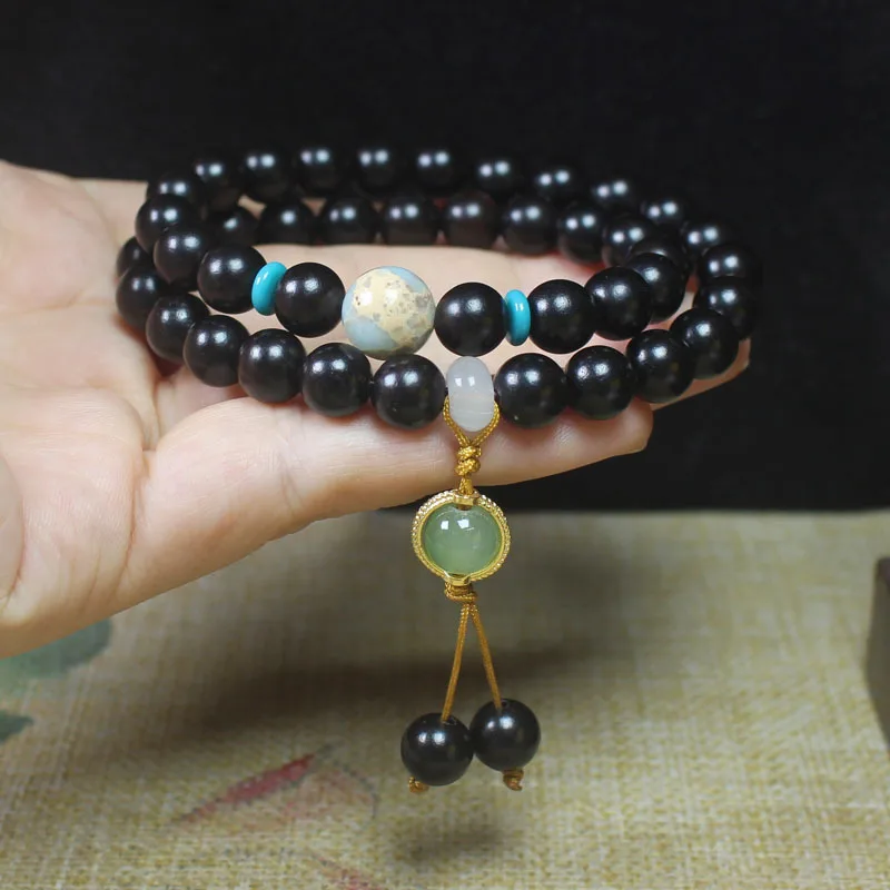 Milky Ebony 8mm Double-Loop Bracelet with Shoushan Stone, Vintage Jewelry and Prayer Beads