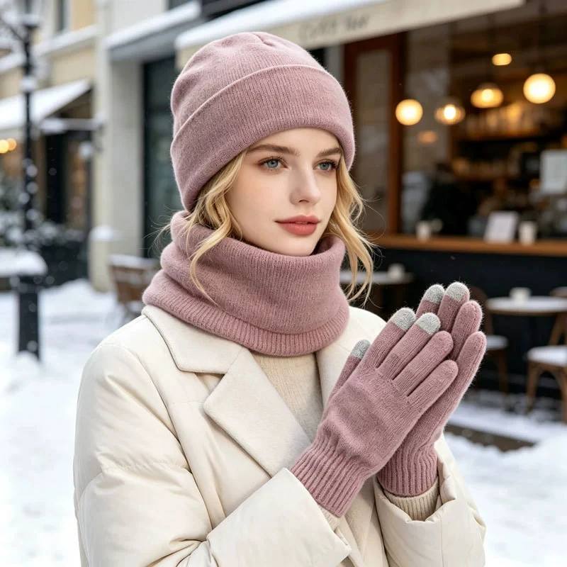 Women 3Pcs Autumn Winter Knit Beanie Hat Neck Warmer Touchscreen Gloves Set  Solid Color Soft Warm for Outdoor Riding