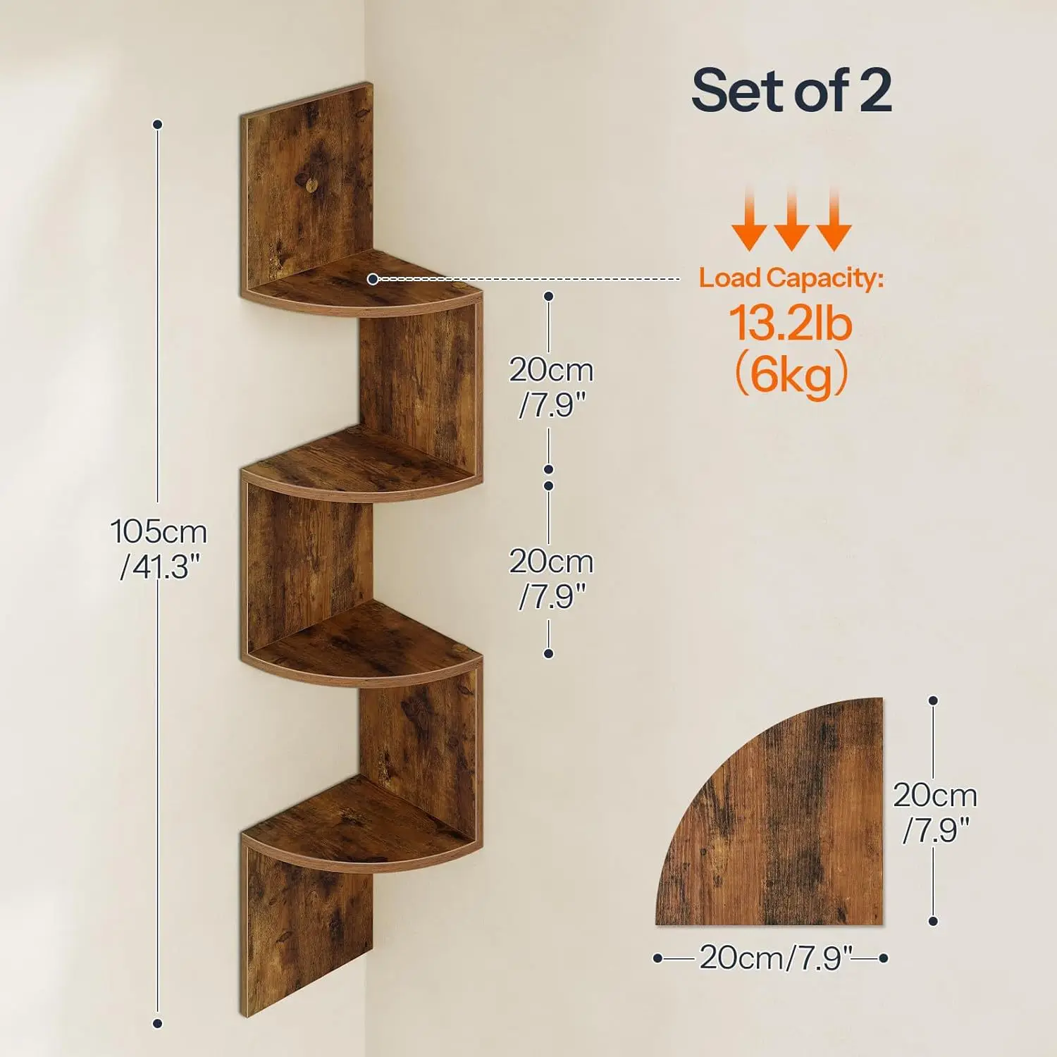 5-Tier Corner Shelf, Wall Mounted Floating Shelves, Space Saving Storage for Bedroom, Living Room, Bathroom, Home Office