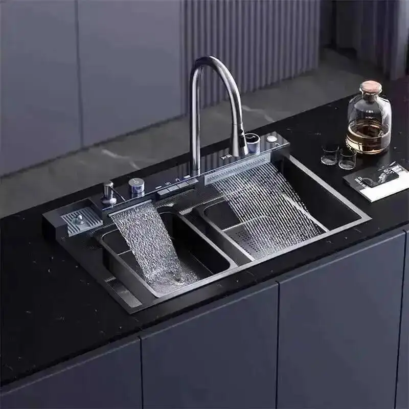 Sink 304 Waterfall Creative Thickened Steel Stainless Kitchen Sink Large Capacity Single Slot Digital Display Dish Washbasin W