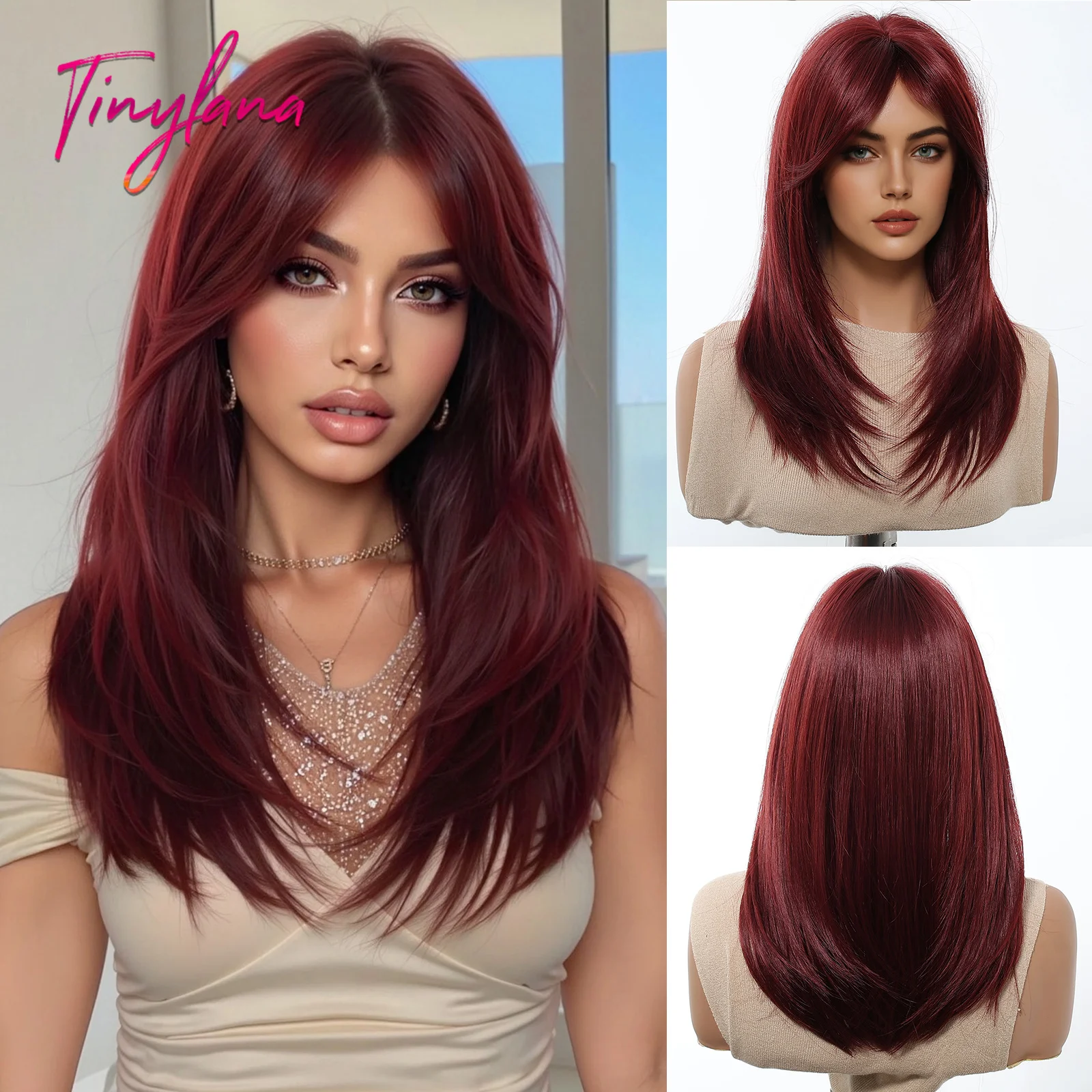 Long Wine Red Synthetic Wigs Daily Straight Layered Burgundy Cosplay Party Wig with Bangs for Women Natural Hair Heat Resistant