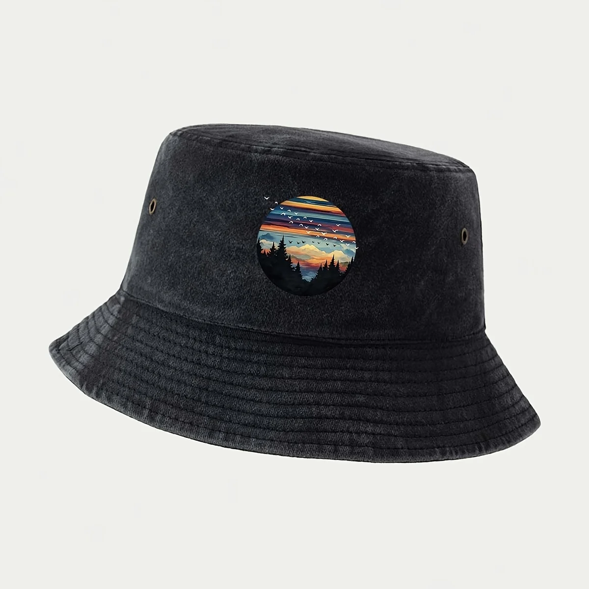 Men' & Women' Lightweight Breathable Bucket Hat with Sunset Mountain Forest & Flying Birds Print - Suitable for Fishing, Travel,