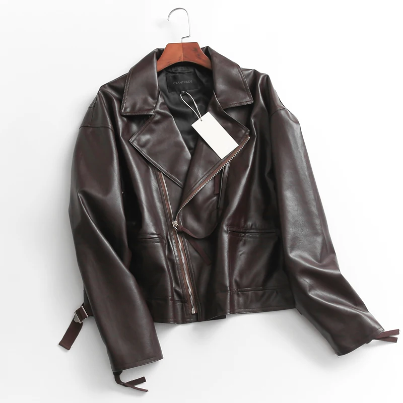 

Pure Color Zipper Loose Long Sleeve Biker Jacket Women's PU Leather Coat Autumn Winter New Style Fashionable Versatile Outerwear