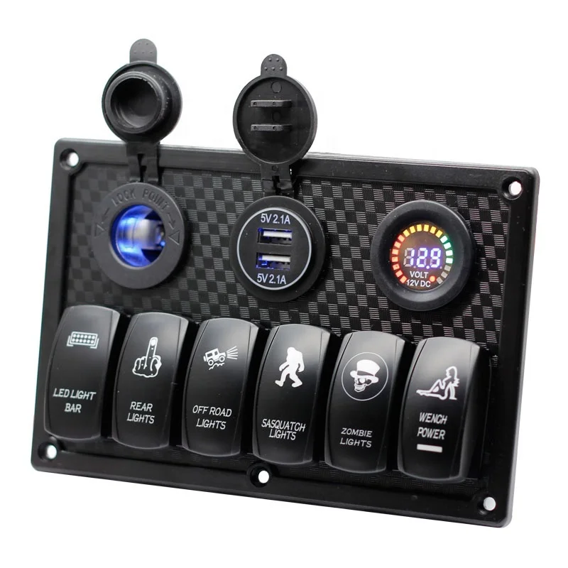 6 Gang Rocker Panel ON Off Laser LED Light Switch With Dual USB Digital Voltmeter Cigarette Lighter Socket