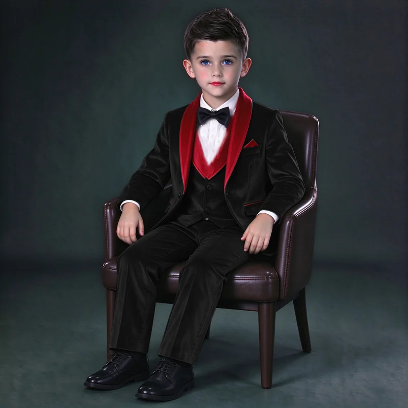 Boys' 3-Piece Velvet Suit (Formal Jacket, Trousers, and Vest) – Children's Wedding Tuxedo / Custom Formal Outfit