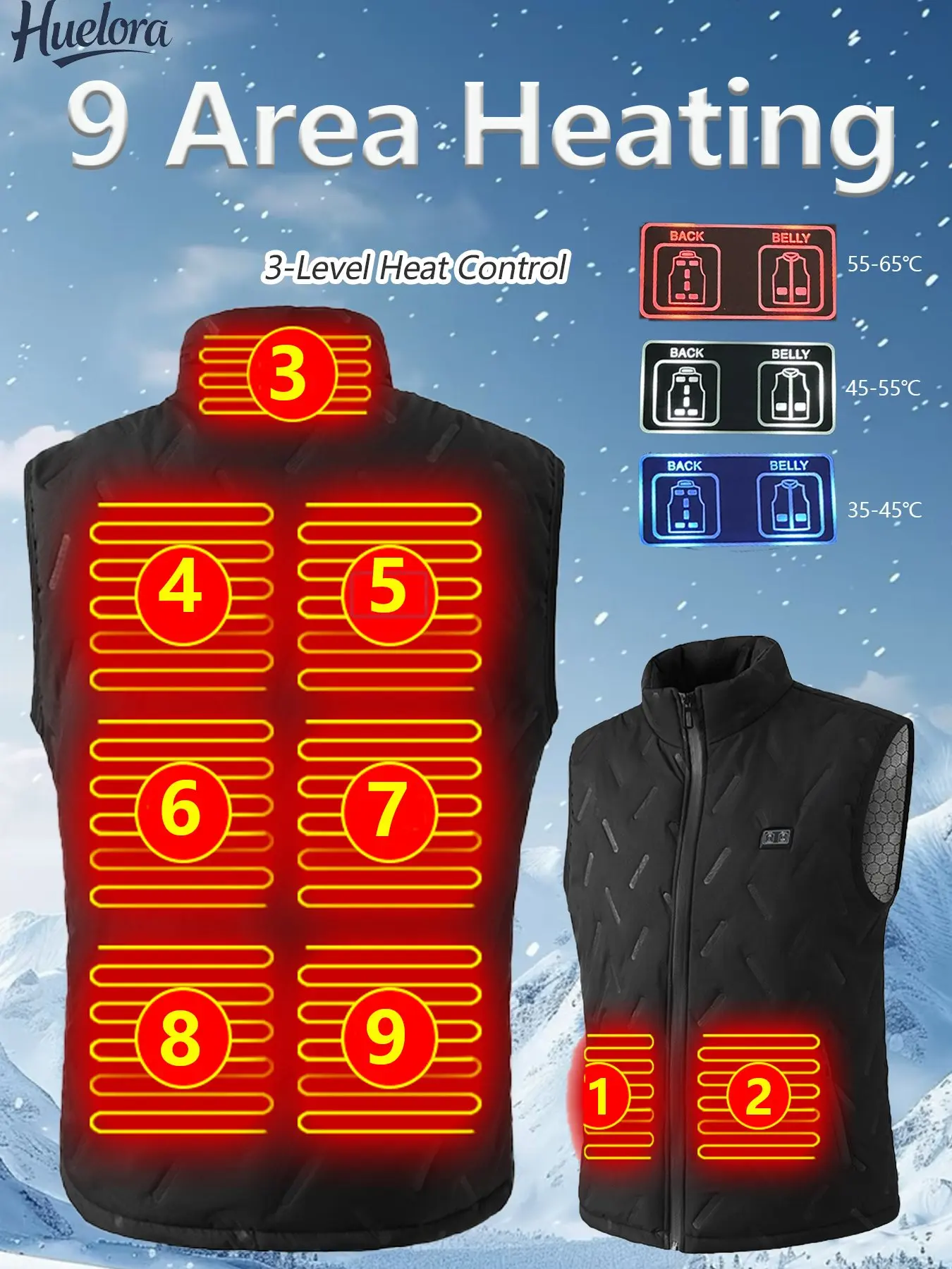 Winter Intelligent Heated Vest, Fast Heating, 9 Heating Zones, 3 Temperature Settings, 2-Zone Control, USB Port.