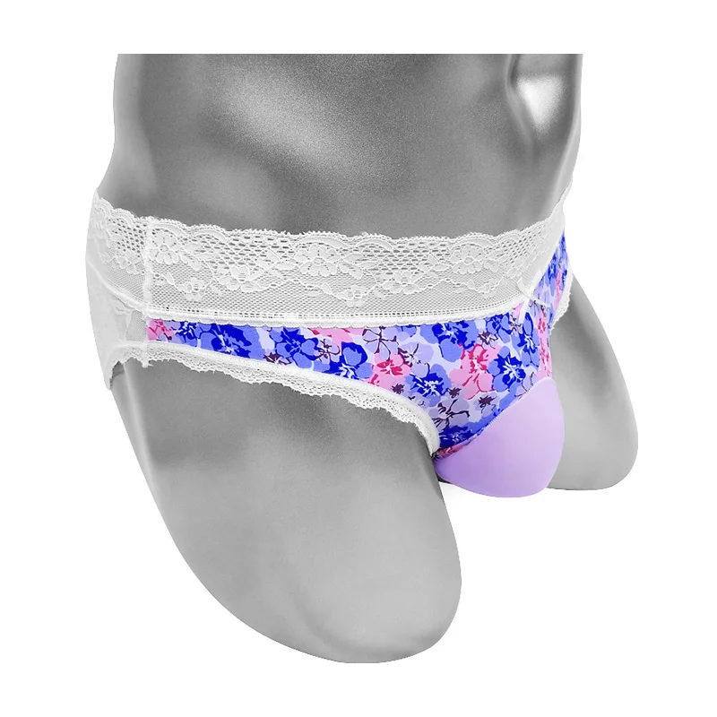 Floral Lace Sissy Sexy Briefs Mens Low Rise Bikini Underwear with Penis Bulge Pouch Funny Adult Costume Lingerie