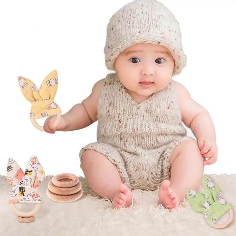 

Q22D Baby Teether Toy Wooden Bunny Ring Developmental Crib Stroller Toy for Infant 1M