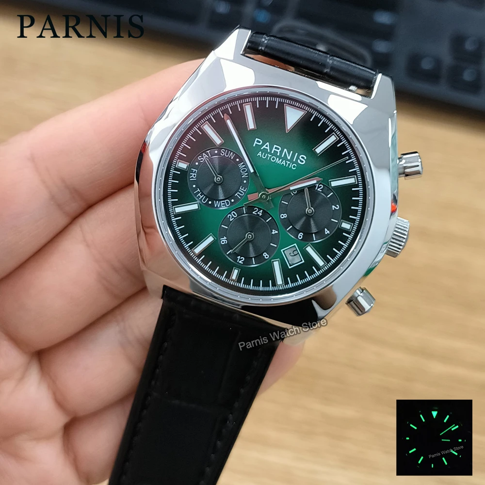 Parnis 40mm Automatic Men\'s Watch Black Green Gradient Color Dial Sapphire Crystal Stainless Steel Case