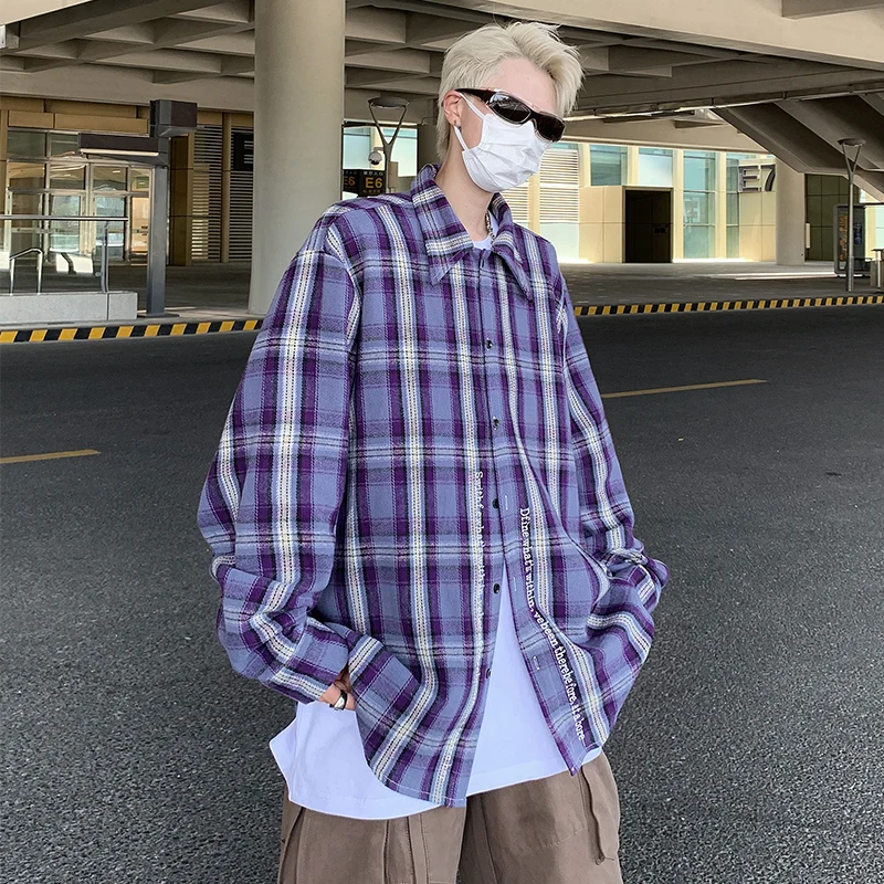 

American Retro Lazy Plaid irt Men's Long Sve Spring Autumn Trend Loose Casual Coat Men Haome Top Youth Faion