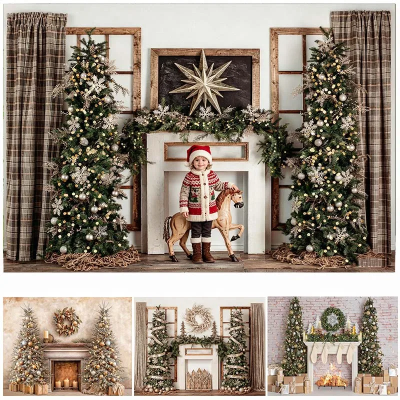 LS Photography Background Christmas Fireplace Wreath Decoration Children Family Xmas Holiday Party Portrait Studio Props