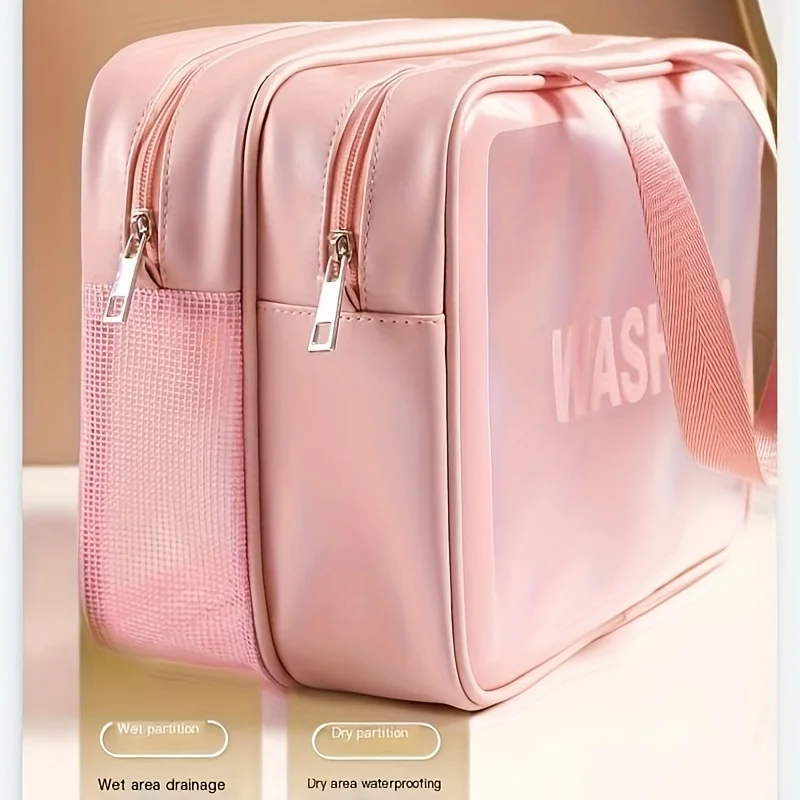 One-Piece Pink Large and Medium-Sized Large-Capacity Toiletry Bag, Double-Layer Makeup Bag, Women's Large Dry and Wet Separation Cosmetics Storage Bag, Handbag