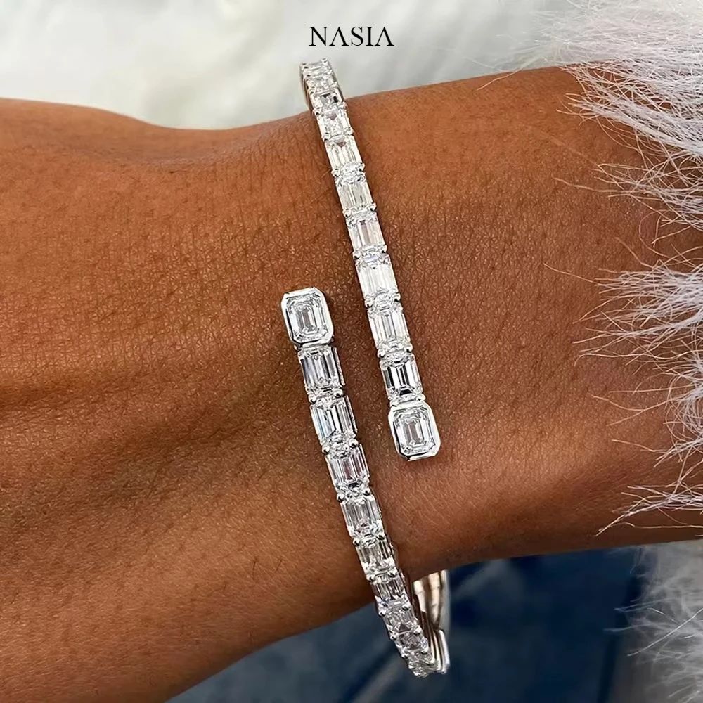 NASIA 4*6mm Emerald Moissanite Open Bangle Pure S925 Silver Certified Diamond Cuff Bracelets Gift for Women Fine Jewelry 2026