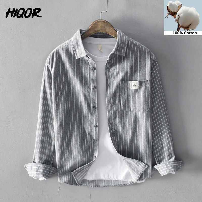 HIQOR 2024 New In 100% Cotton Long Sleeve Men\'s Shirt Loose Man Business Casual Shirts Classic Striped Male Social Dress Shirts