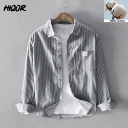 HIQOR 2024 New In 100% Cotton Long Sleeve Men's Shirt Loose Man Business Casual Shirts Classic Striped Male Social Dress Shirts